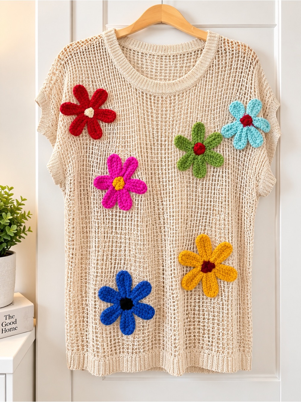 Crocheted Flower Mesh Tank Top in Beige